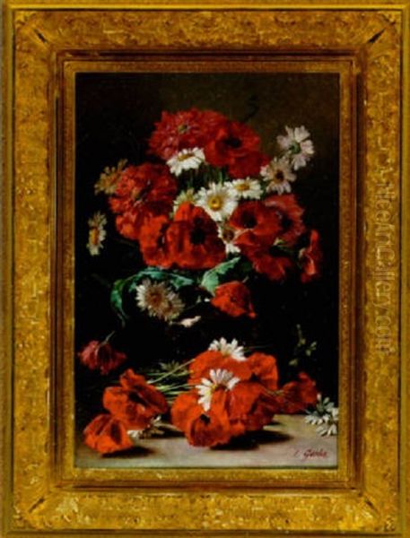 Still Life With Daisies, Poppies And Mums Oil Painting by Louis Victor Gesta