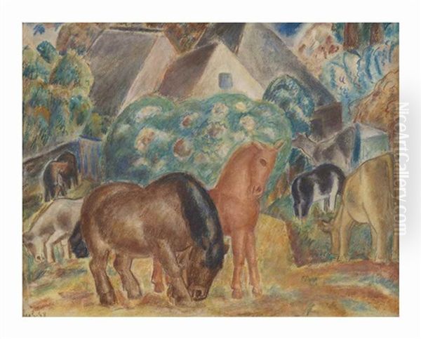 Horses In A Landscape Oil Painting by Leo Gestel