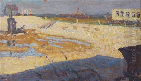 A Sunlit Construction Site Oil Painting by Leo Gestel