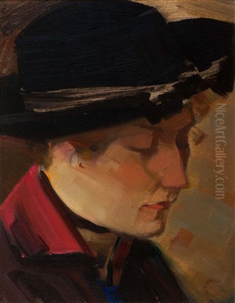 Young Woman With Black Hat Oil Painting by Leo Gestel