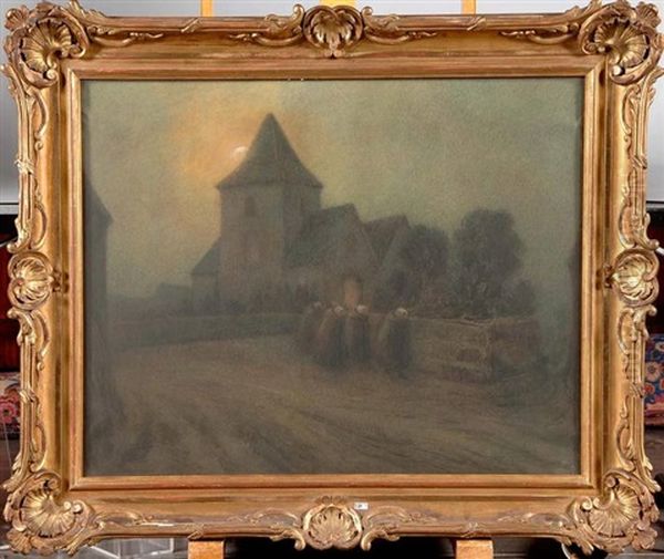 Arrivee A L'eglise Au Clair De Lune Oil Painting by Rene Gevers