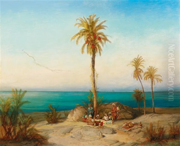 Resting Travellers On The Coast Oil Painting by Alexius Geyer