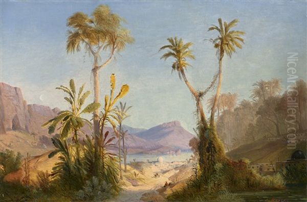 Orientalische Landschaft Mit Blick Auf Eine Stadt Am See. Oil Painting by Alexius Geyer