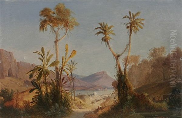 Blick Durch Palmen Auf Eine Am Meer Gelegene Orientalische Stadt Oil Painting by Alexius Geyer