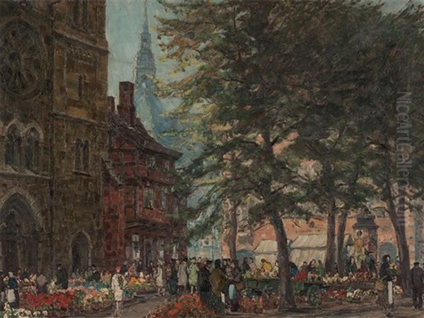 Bremen Flower Market Oil Painting by Fritz Geyer