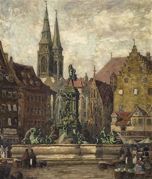 Der Marktplatz In Nurnberg. Blick Auf Den Hans Sachs Brunnen Oil Painting by Fritz Geyer