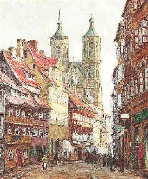 Blick Durch Die Altstadtstrasen Auf Die Turme Von St. Johannis In Gottingen Oil Painting by Fritz Geyer