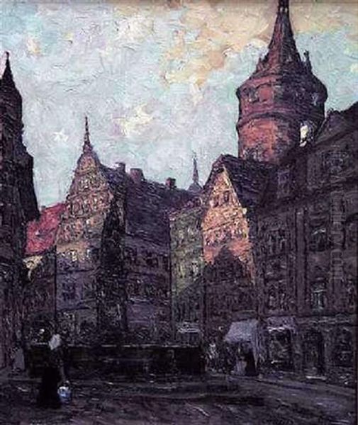 Am Markt In Kitzingen A.m. (abendsonne) Oil Painting by Fritz Geyer