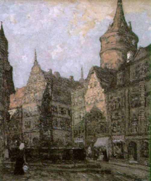 Am Markt In Kitzingen A.m. (abendsonne) Oil Painting by Fritz Geyer