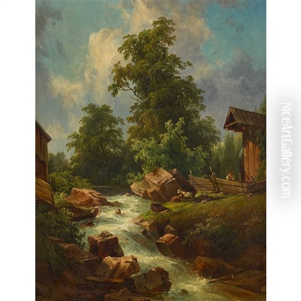 Wilder Bergbach Oil Painting by Georg Geyer