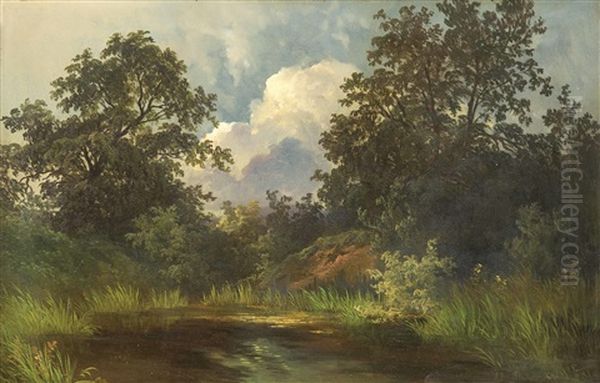 Bewaldete Teichlandschaft Oil Painting by Georg Geyer