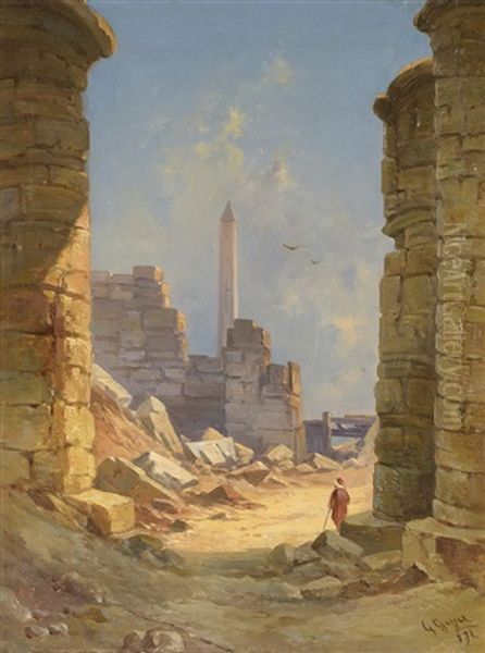 Personnage Au Milieu Des Ruines A Karnak Oil Painting by Georg Geyer