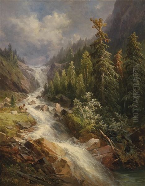 Stalbachfall Am Grundlsee Steyamark Oil Painting by Georg Geyer