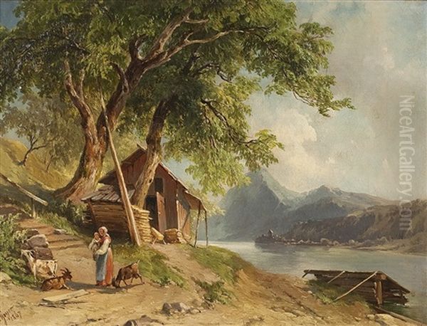 Hutte Mit Bauerin Und Ziegen Am Fluss Oil Painting by Georg Geyer