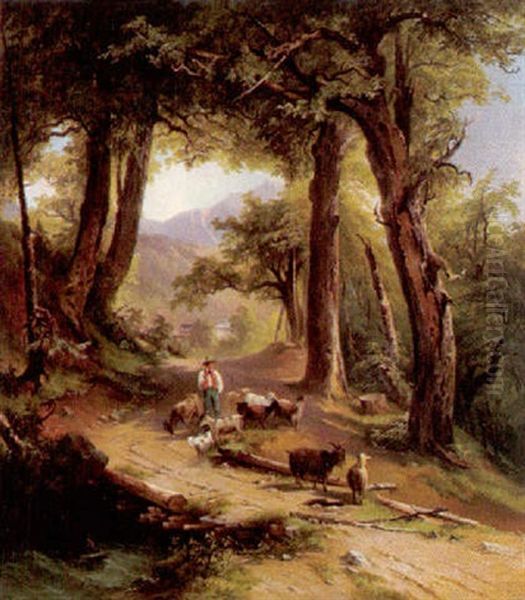 Hirte Mit Ziegenherde Am Heimweg Oil Painting by Georg Geyer