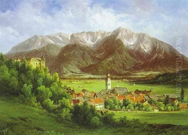 Landschaft Mit Dorfmotiv Sowie Blick Auf Eine Burg Oil Painting by Georg Geyer