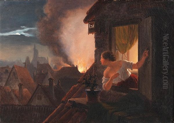 A House Burns Oil Painting by Johann Josef Geyer