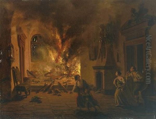 Blick In Einen Brennenden Schlossaal, Im Vordergrund Vor Dem Feuer Fliehende Bewohner Oil Painting by Johann Josef Geyer