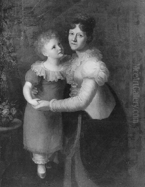 Portrait Von Mutter Und Tochter Lampe Oil Painting by Ludwig (Heinrich Christian) Geyer