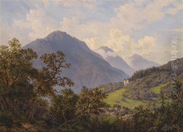 Calvarienberg Und Kirche Bei Ischl Oil Painting by Carl Geyling