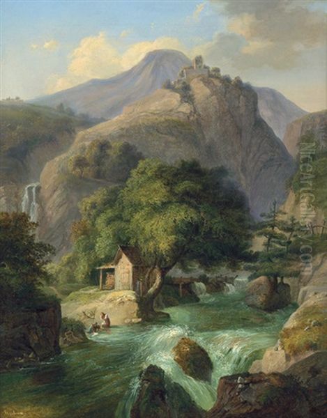 Alpenlandschaft Mit Wildbach Oil Painting by Carl Geyling