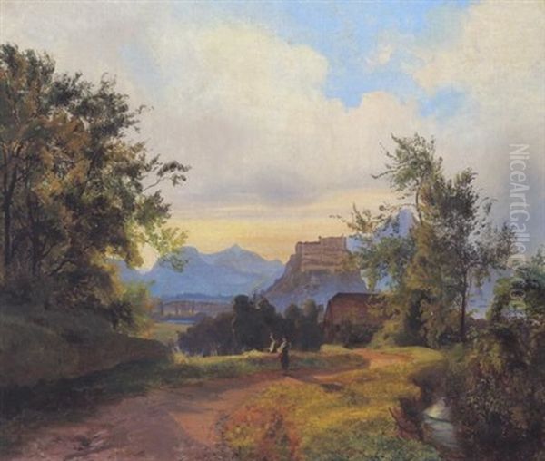 Hohen Salzburg Vom Fuse Des Kreutzberges Aus Gesehen Oil Painting by Carl Geyling