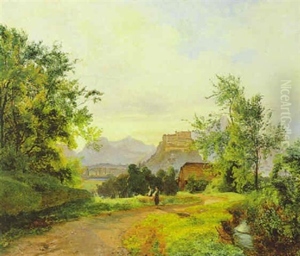 Hohen Salzburg Vom Fuse Des Kreuzberges Aus Gesehen Oil Painting by Carl Geyling