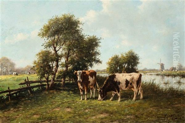 Cows In A Summer River Landscape Oil Painting by Adriaan Marinus Geyp