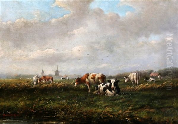 Een Hollands Landschap Met Molen En Grazende Koeien Oil Painting by Adriaan Marinus Geyp