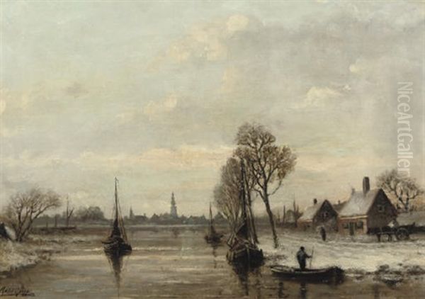 Boats On A River In Winter Oil Painting by Adriaan Marinus Geyp