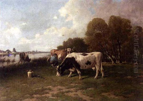 Milking Time Oil Painting by Adriaan Marinus Geyp