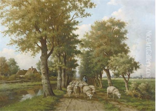 Minding The Flock On A Summer's Day Oil Painting by Adriaan Marinus Geyp