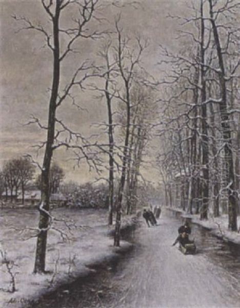 A Winter Landscape With Children Playing On The Ice Oil Painting by Adriaan Marinus Geyp