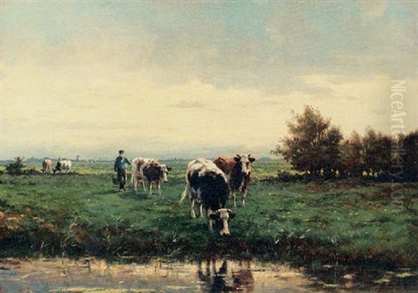 Cows In A Meadow Oil Painting by Adriaan Marinus Geyp