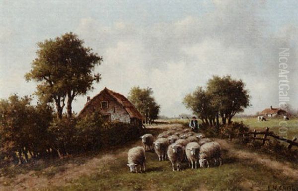 Sheep On A Country Road Oil Painting by Adriaan Marinus Geyp