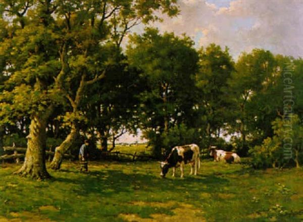 Landschap Met Koeien Onder Bomen Oil Painting by Adriaan Marinus Geyp