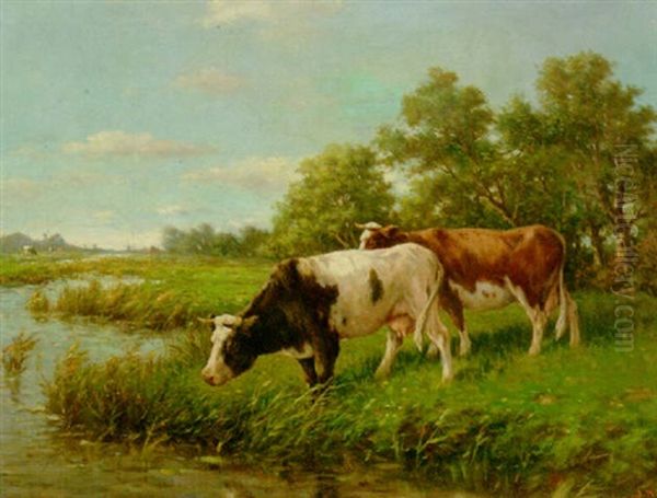 Cows In A Meadow Oil Painting by Adriaan Marinus Geyp