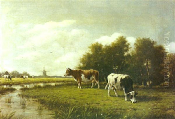 A Pastoral Scene With Cows Grazing By A Stream And A Windmill Beyond Oil Painting by Adriaan Marinus Geyp