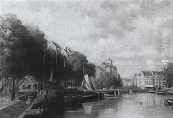 Hollandische Gracht Mit Hausbooten Oil Painting by Adriaan Marinus Geyp