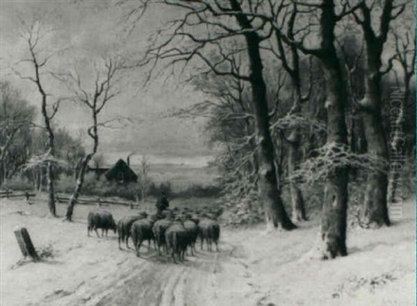 A Shepherd And His Flock In The Snow Oil Painting by Adriaan Marinus Geyp