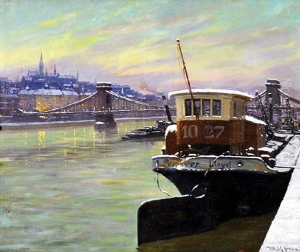 Wintry Budapest On The Turn Of Century Oil Painting by Ulrich Geza