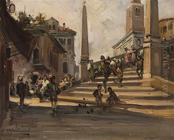 Mercato. Il Ponte Delle Guglie, Venezia Oil Painting by Cesare Gheduzzi