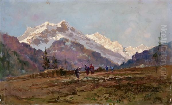 Bauerinnen Bei Der Feldarbeit Mit Monte Rosa Im Hintergrund Oil Painting by Cesare Gheduzzi