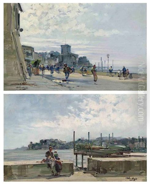 A Bustling Italian Quayside (+ A Family Before An Italian Bay; Pair) Oil Painting by Cesare Gheduzzi