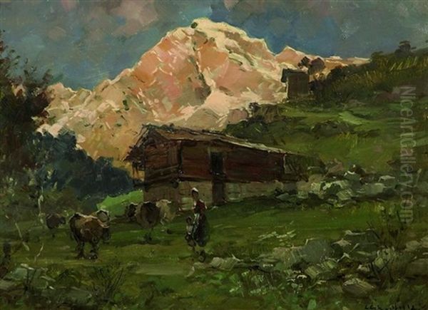 Sennhutte In Den Italienischen Alpen Oil Painting by Cesare Gheduzzi