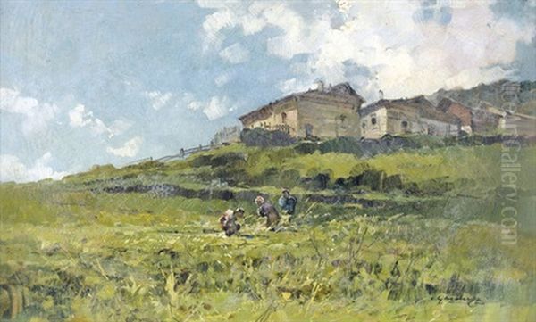 Valtellina, Raccolto Patate Oil Painting by Cesare Gheduzzi