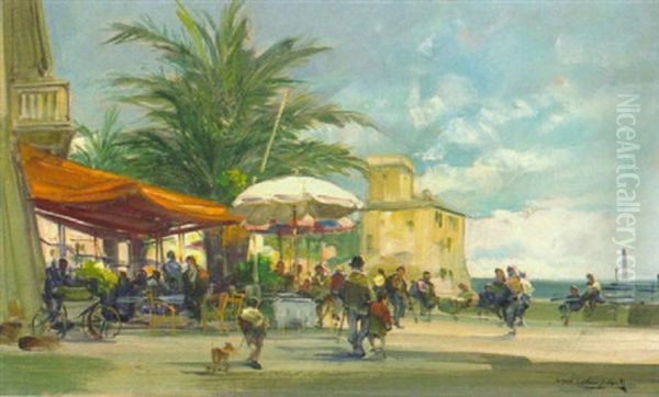 Uferpromenade Bei Rapallo Oil Painting by Cesare Gheduzzi