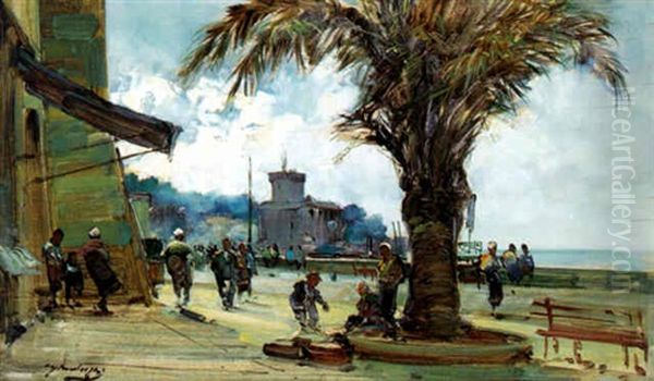 Uferpromenade Bei Rapello Oil Painting by Cesare Gheduzzi