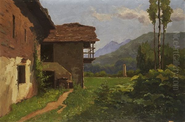 Scorcio Con Cascina E Montagne Sullo Sfondo Oil Painting by Ugo Gheduzzi