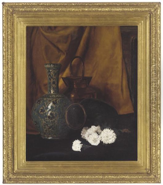 An Oriental Style Vase, A Copper Pail And Some Flowers Oil Painting by Charlotte E. Babb